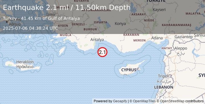 Earthquake WESTERN TURKEY (2.1 ml) (2025-07-06 04:38:24 UTC)