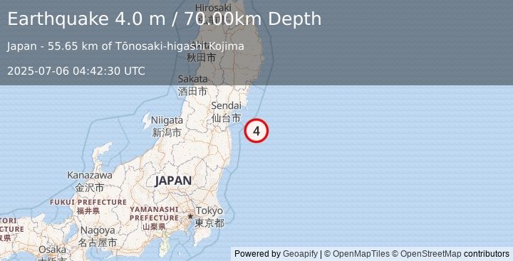 Earthquake NEAR EAST COAST OF HONSHU, JAPAN (4.0 m) (2025-07-06 04:42:30 UTC)