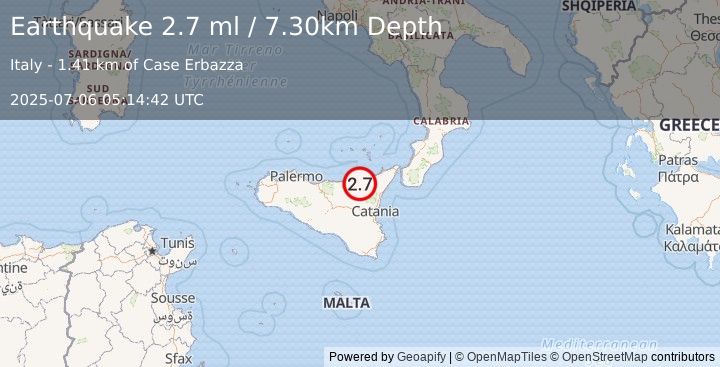 Earthquake SICILY, ITALY (2.7 ml) (2025-07-06 05:14:42 UTC)