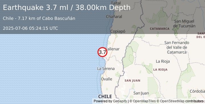 Earthquake ATACAMA, CHILE (3.7 ml) (2025-07-06 05:24:14 UTC)