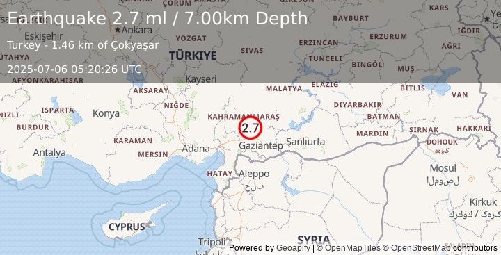 Earthquake CENTRAL TURKEY (2.7 ml) (2025-07-06 05:20:26 UTC)