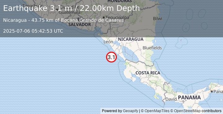 Earthquake NEAR COAST OF NICARAGUA (3.1 m) (2025-07-06 05:42:53 UTC)