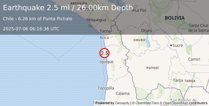 Earthquake OFFSHORE TARAPACA, CHILE (2.5 ml) (2025-07-06 06:16:36 UTC)