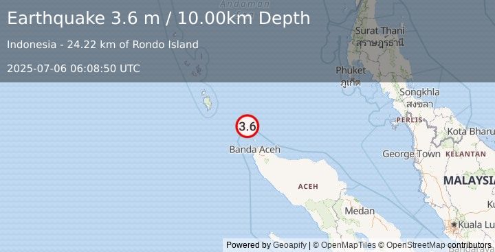 Earthquake NICOBAR ISLANDS, INDIA REGION (3.6 m) (2025-07-06 06:08:50 UTC)