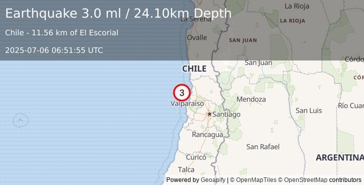Earthquake OFFSHORE VALPARAISO, CHILE (3.0 ml) (2025-07-06 06:51:55 UTC)