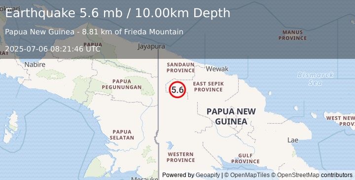 Earthquake NEW GUINEA, PAPUA NEW GUINEA (5.3 mw) (2025-07-06 08:21:50 UTC)