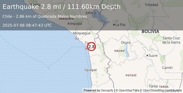 Earthquake TARAPACA, CHILE (2.8 ml) (2025-07-06 08:47:43 UTC)