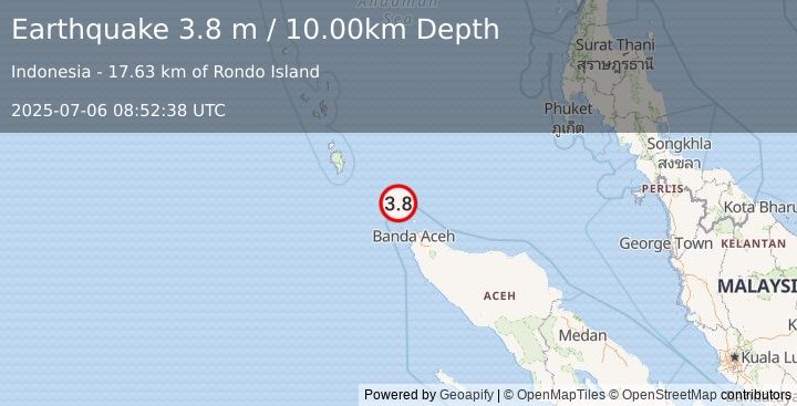 Earthquake NICOBAR ISLANDS, INDIA REGION (3.8 m) (2025-07-06 08:52:38 UTC)