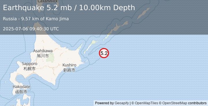Earthquake KURIL ISLANDS (5.0 mb) (2025-07-06 09:40:37 UTC)