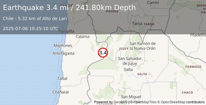 Earthquake ANTOFAGASTA, CHILE (3.4 ml) (2025-07-06 10:25:10 UTC)