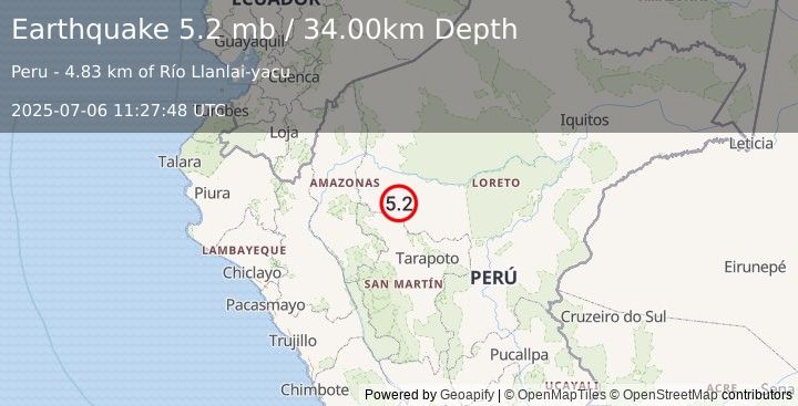 Earthquake NORTHERN PERU (5.4 mb) (2025-07-06 11:27:44 UTC)
