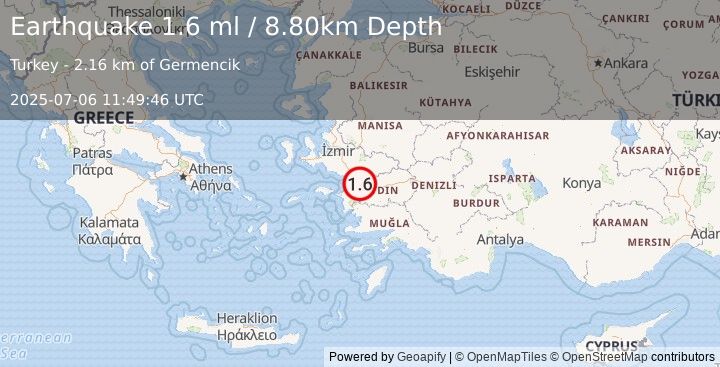 Earthquake WESTERN TURKEY (1.6 ml) (2025-07-06 11:49:46 UTC)
