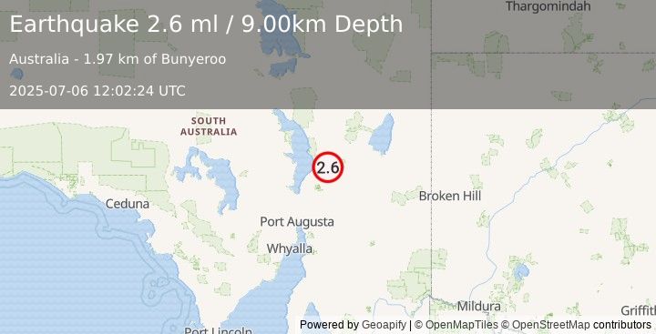 Earthquake SOUTH AUSTRALIA (2.6 ml) (2025-07-06 12:02:24 UTC)
