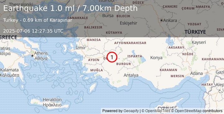 Earthquake WESTERN TURKEY (1.0 ml) (2025-07-06 12:27:35 UTC)