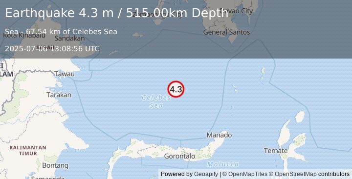 Earthquake CELEBES SEA (4.3 m) (2025-07-06 13:08:56 UTC)