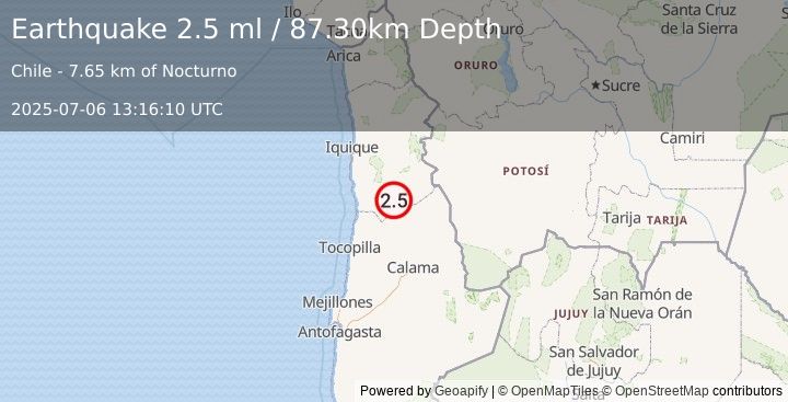 Earthquake TARAPACA, CHILE (2.5 ml) (2025-07-06 13:16:10 UTC)