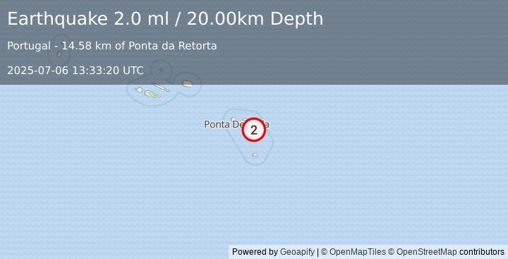 Earthquake AZORES ISLANDS, PORTUGAL (2.0 ml) (2025-07-06 13:33:20 UTC)