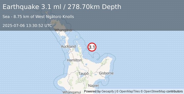 Earthquake OFF E. COAST OF N. ISLAND, N.Z. (3.1 ml) (2025-07-06 13:30:52 UTC)