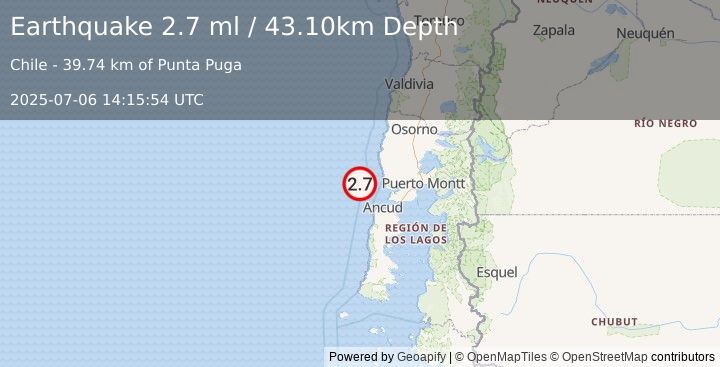 Earthquake OFFSHORE LOS LAGOS, CHILE (2.7 ml) (2025-07-06 14:15:54 UTC)