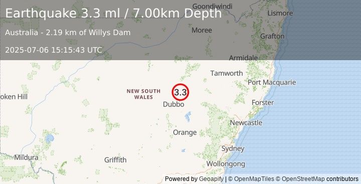 Earthquake NEW SOUTH WALES, AUSTRALIA (3.3 ml) (2025-07-06 15:15:43 UTC)