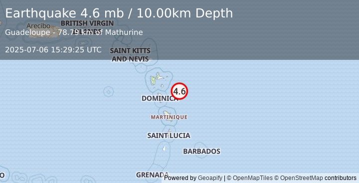 Earthquake DOMINICA REGION, LEEWARD ISLANDS (4.6 mb) (2025-07-06 15:29:25 UTC)