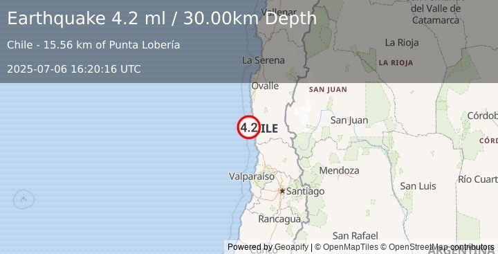 Earthquake OFFSHORE COQUIMBO, CHILE (4.1 ml) (2025-07-06 16:20:15 UTC)