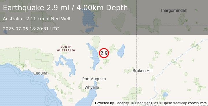 Earthquake SOUTH AUSTRALIA (2.9 ml) (2025-07-06 18:20:31 UTC)