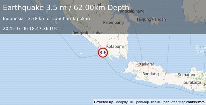 Earthquake SOUTHERN SUMATRA, INDONESIA (3.5 m) (2025-07-06 18:47:36 UTC)