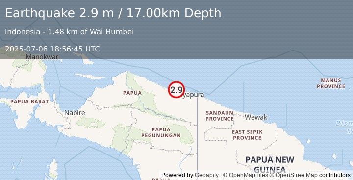 Earthquake NEAR N COAST OF PAPUA, INDONESIA (2.9 m) (2025-07-06 18:56:45 UTC)