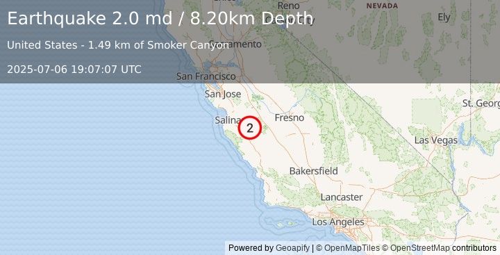 Earthquake CENTRAL CALIFORNIA (2.0 md) (2025-07-06 19:07:07 UTC)
