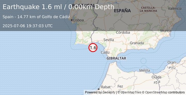 Earthquake STRAIT OF GIBRALTAR (1.6 ml) (2025-07-06 19:37:03 UTC)