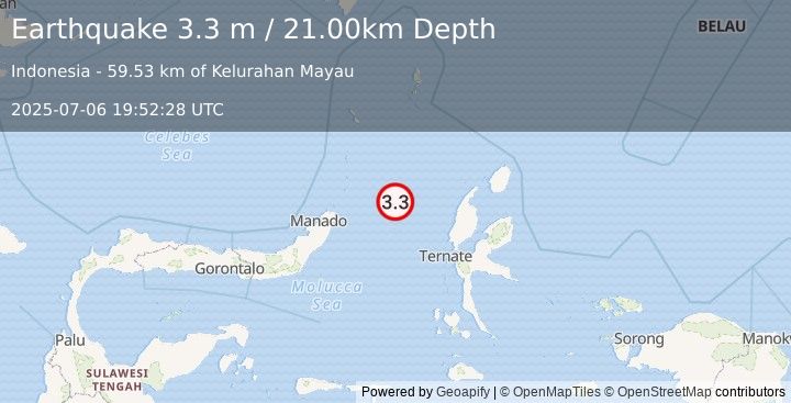 Earthquake MOLUCCA SEA (3.3 m) (2025-07-06 19:52:28 UTC)
