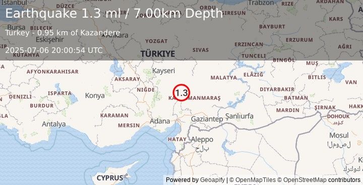 Earthquake CENTRAL TURKEY (1.3 ml) (2025-07-06 20:00:54 UTC)