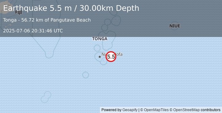 Earthquake TONGA (5.5 mw) (2025-07-06 20:31:43 UTC)