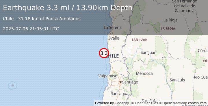 Earthquake OFFSHORE COQUIMBO, CHILE (3.3 ml) (2025-07-06 21:05:01 UTC)
