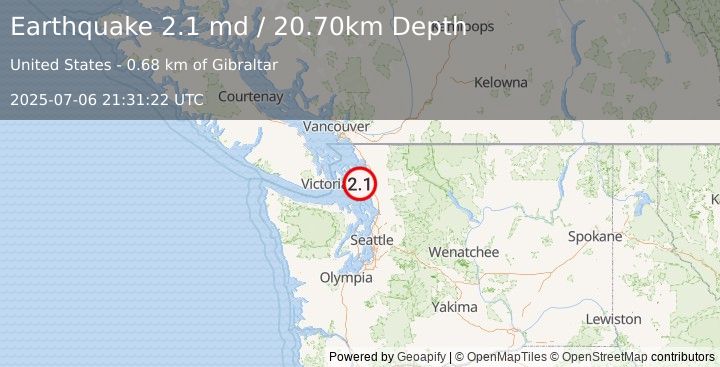Earthquake SAN JUAN ISLANDS REG, WASHINGTON (2.1 md) (2025-07-06 21:31:22 UTC)