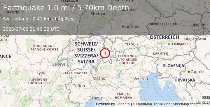 Earthquake SWITZERLAND (1.0 ml) (2025-07-06 21:46:22 UTC)