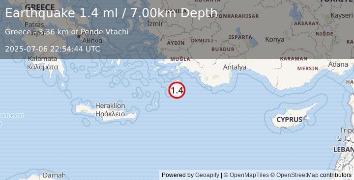Earthquake DODECANESE IS.-TURKEY BORDER REG (1.4 ml) (2025-07-06 22:54:44 UTC)