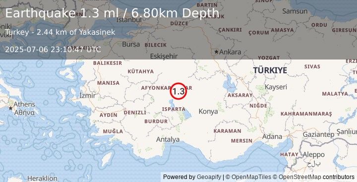 Earthquake WESTERN TURKEY (1.3 ml) (2025-07-06 23:10:47 UTC)
