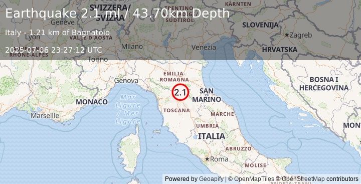 Earthquake NORTHERN ITALY (2.1 ml) (2025-07-06 23:27:12 UTC)