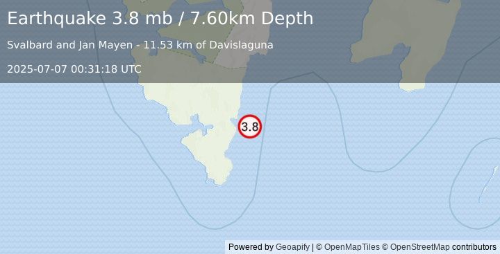 Earthquake SVALBARD REGION (3.8 mb) (2025-07-07 00:31:18 UTC)