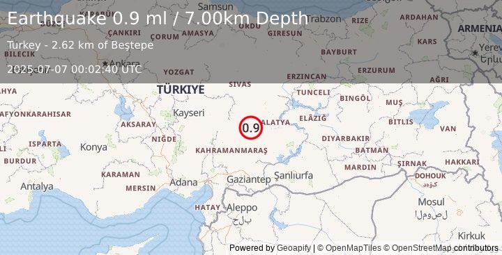 Earthquake CENTRAL TURKEY (0.9 ml) (2025-07-07 00:02:40 UTC)
