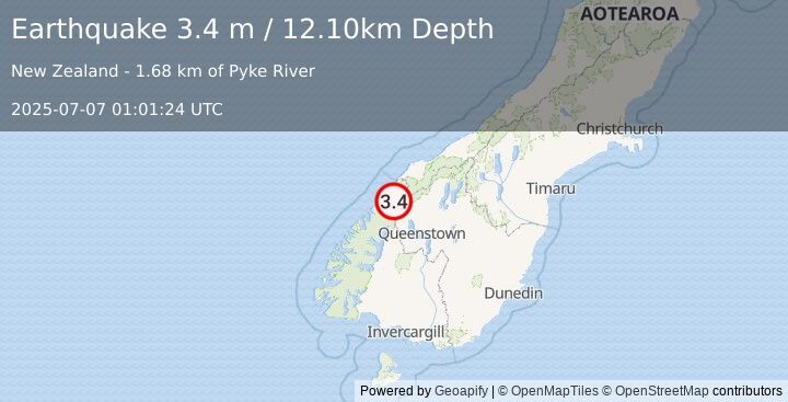 Earthquake SOUTH ISLAND OF NEW ZEALAND (3.4 m) (2025-07-07 01:01:24 UTC)