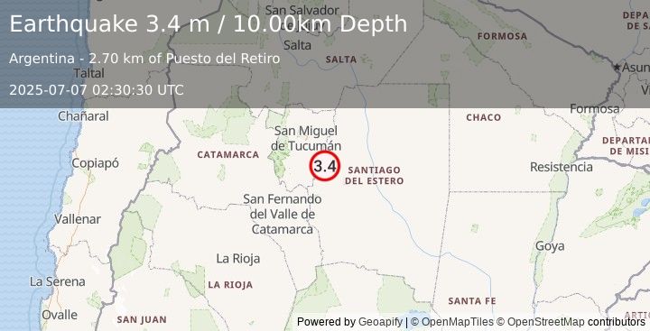 Earthquake SANTIAGO DEL ESTERO, ARGENTINA (3.4 m) (2025-07-07 02:30:30 UTC)