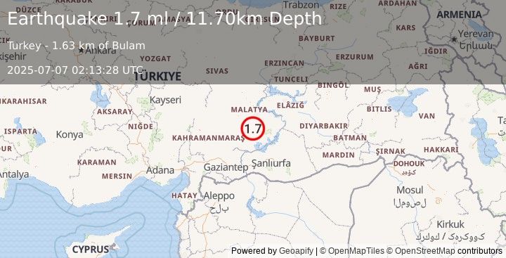 Earthquake EASTERN TURKEY (1.7 ml) (2025-07-07 02:13:28 UTC)