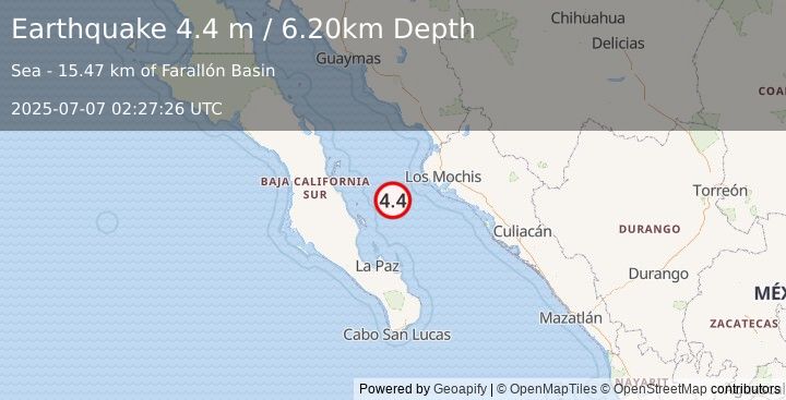 Earthquake GULF OF CALIFORNIA (4.4 m) (2025-07-07 02:27:26 UTC)