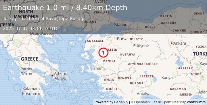 Earthquake WESTERN TURKEY (1.0 ml) (2025-07-07 03:11:53 UTC)
