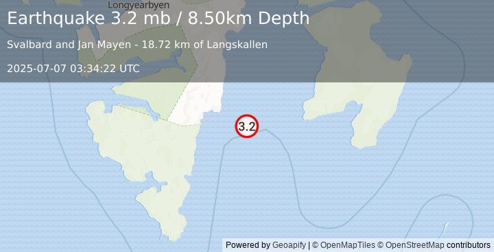 Earthquake SVALBARD REGION (3.2 mb) (2025-07-07 03:34:22 UTC)