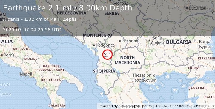Earthquake ALBANIA (2.1 ml) (2025-07-07 04:25:58 UTC)