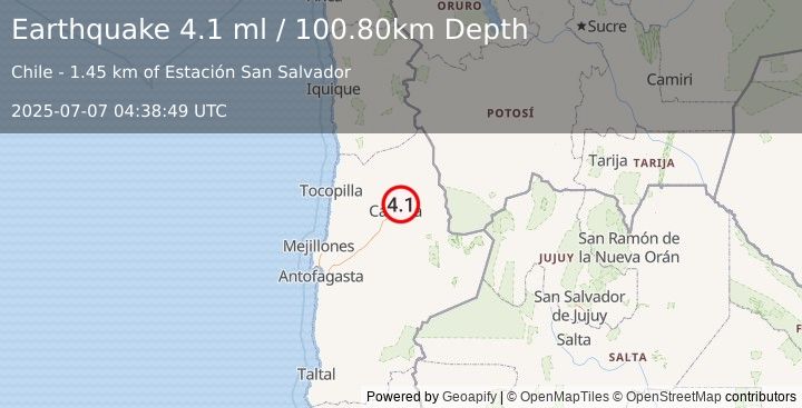 Earthquake ANTOFAGASTA, CHILE (4.1 ml) (2025-07-07 04:38:49 UTC)